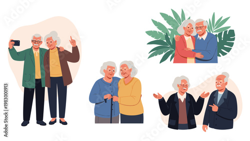 Diverse collection of happy elderly couples enjoying retirement while taking selfies, walking, and talking together.