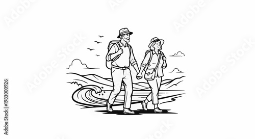 A couple in hats and backpacks walks hand-in-hand near a crashing wave