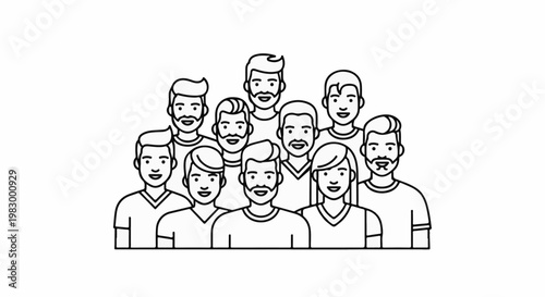 A diverse group of people gathered together in a stylized illustration
