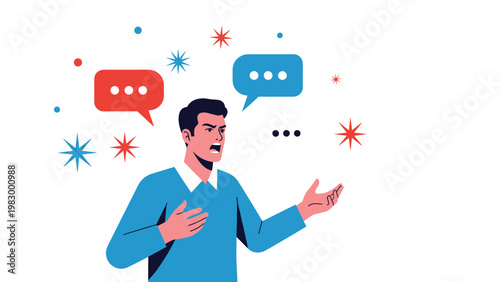 Angry man in a blue sweater shouting and gesturing with his hands while surrounded by red and blue speech bubbles and abstract sparks.