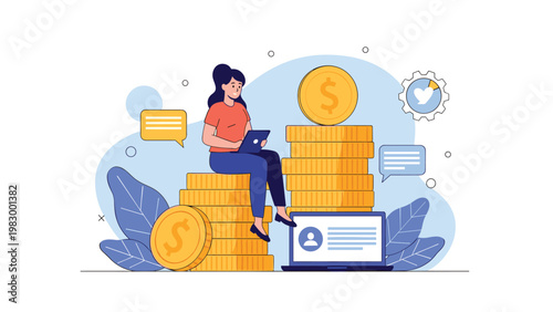 Professional woman sitting on large stacks of gold coins and working on a laptop while managing her financial business.