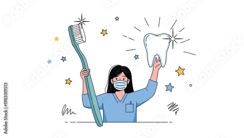 Professional female dentist wearing a face mask holds a giant toothbrush and a large sparkling clean tooth in a cheerful illustration.