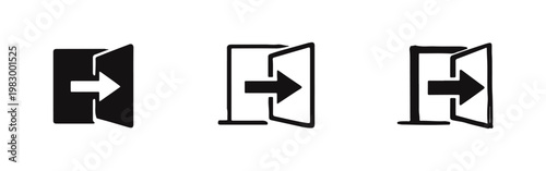 Exit door icon set, open door with arrow pointing out, logout symbol in solid, outline, and hand drawn styles