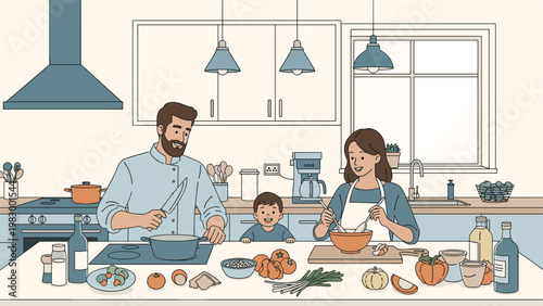 Happy family with a father, mother, and young son enjoy cooking together in a modern, well-equipped kitchen with various ingredients.