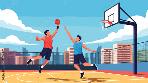 Two athletic men are playing a competitive game of basketball on an outdoor rooftop court with a city skyline in the background.