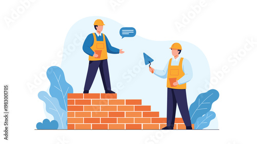 Two professional bricklayers wearing yellow safety gear work together to build a red brick wall while communicating on a site.