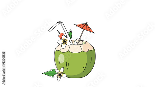 Refreshing tropical coconut cocktail decorated with a white flower, a cherry, a drinking straw, and a small red umbrella.
