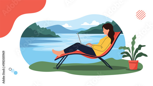Relaxed woman sitting on a sun lounger outdoors by a scenic lake and mountains working on her laptop as a digital nomad.