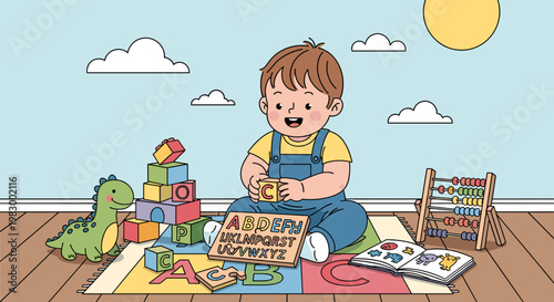 A happy toddler boy is playing with alphabet blocks and toys on a colorful rug in a bright room, with a dinosaur toy and an abacus nearby.