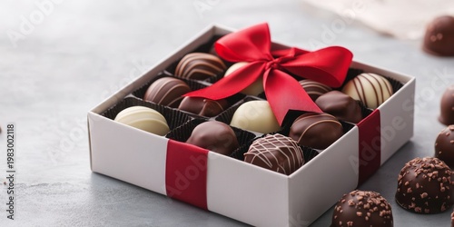 Delicious assortment of chocolates in elegant white box with a red ribbon on a table