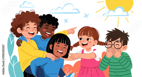 Diverse group of happy children playing and laughing together outdoors under a sunny sky, showing friendship and joy.