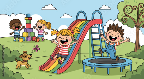 A vibrant illustration of diverse children joyfully playing together on a colorful playground with a slide, trampoline, and building blocks.