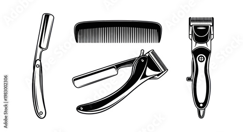 Vintage Barber Tools: Straight Razor, Comb, Clippers, and Shears