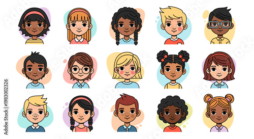 A diverse collection of cartoon children's avatars with various hairstyles, skin tones, and expressions, presented in a grid format.