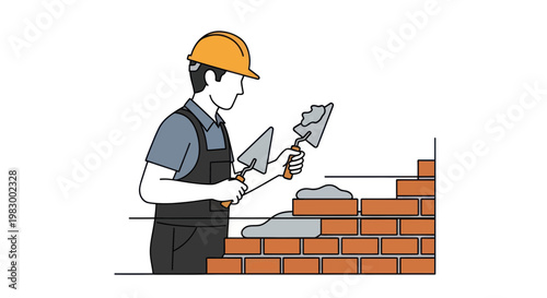 Construction Worker Building Brick Wall with Trowel, Safety Helmet