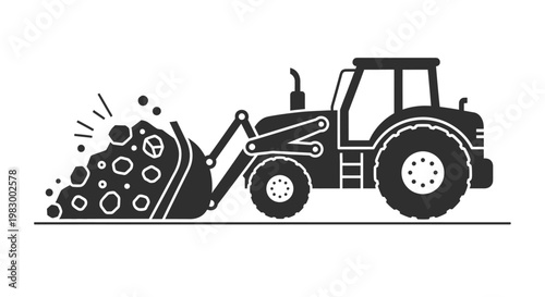 Silhouette of a front loader tractor digging and moving dirt.