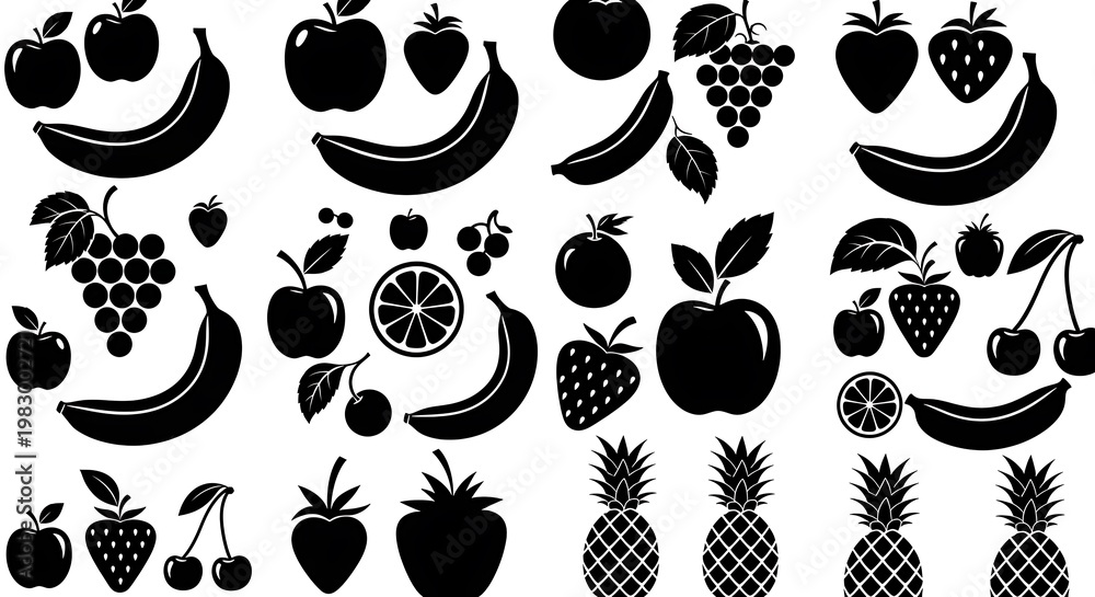 Fototapeta premium Black silhouettes of various fruits.