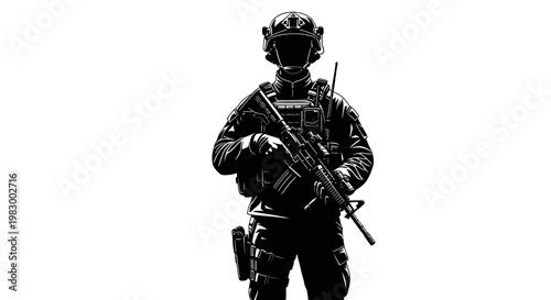 Soldier in tactical gear holding a rifle ready for action.