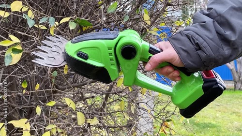 precise trimming of green bush with manual hedge trimmer controlled cutting motion outdoor gardening maintenance shaping plants natural landscaping close detailed shot