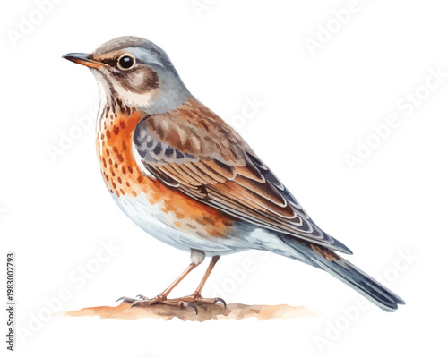 Watercolor Thrush Illustration, Forest Songbird Art, isolated on white background