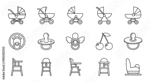 Set of baby icons: strollers, pacifiers, and high chairs