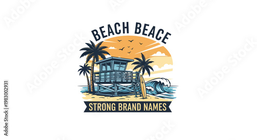 Tropical beach scene with lifeguard station, palm trees, and ocean wave.