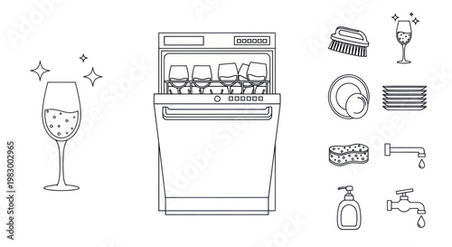 Dishwasher with clean dishes and sparkling wine glass
