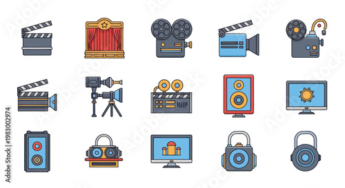 Film and movie production equipment flat icons