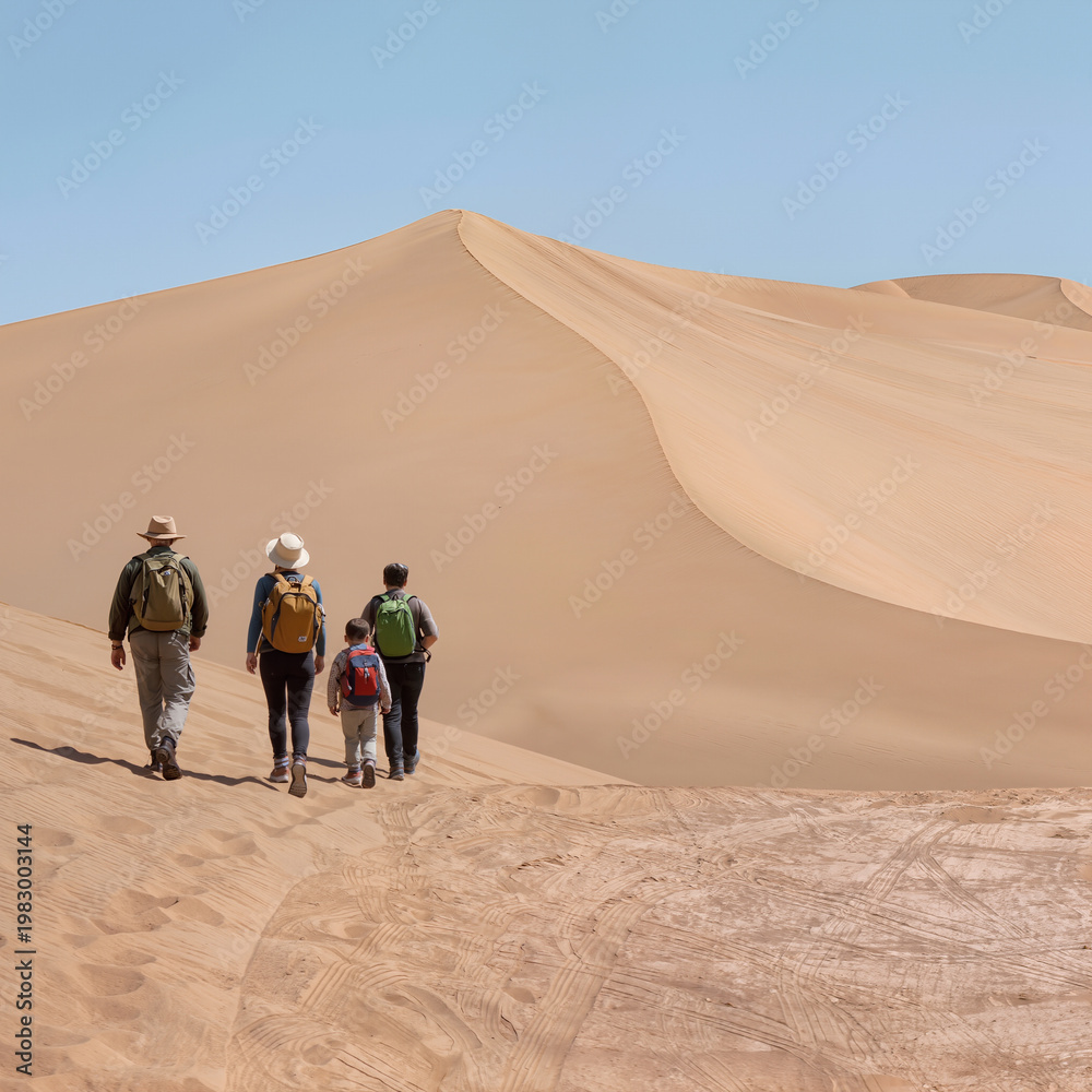 Fototapeta premium Group of hikers with backpacks walking across desert sand dunes, exploring remote landscape, footprints in sand, adventure and travel 