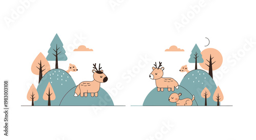 Cute deer family in a whimsical forest scene with a minimalist illustration style.