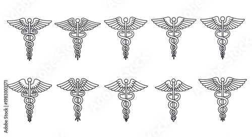 Seamless pattern of Caduceus medical symbols on white background.