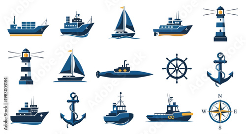 Collection of flat design nautical and marine transport icons.