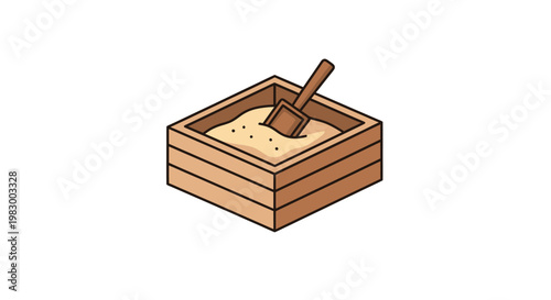 Isometric wooden sandbox with sand and a shovel icon isolated on white background.