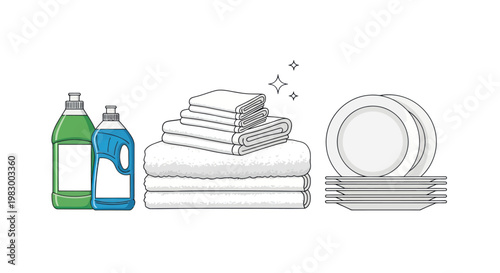 Household cleaning supplies, fresh laundry and clean dishes