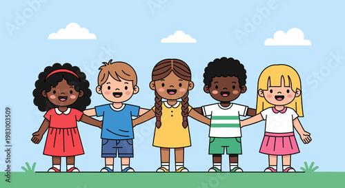 Five diverse children from different backgrounds holding hands, smiling happily, symbolizing friendship, unity, and diversity.