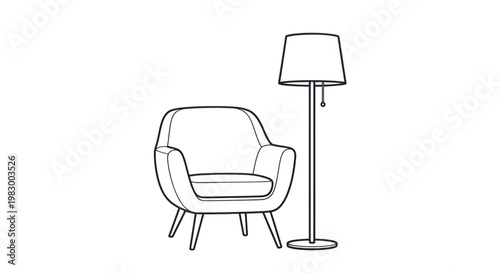 Minimalist line art of a modern armchair and floor lamp