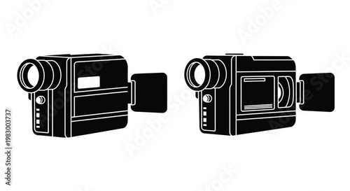 Two vintage camcorders in black and white on transparent background silhouette
