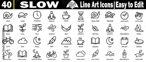 Slow movement and relaxation vector icons. Including mindful living, featuring peaceful animals, meditation symbols, and gentle nature activities for web designs, vector illustration.