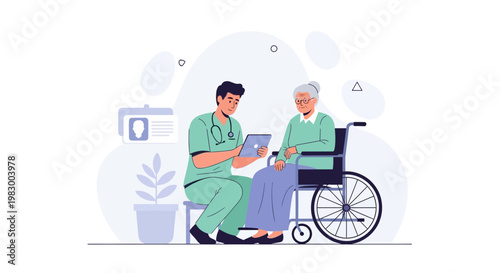 Doctor consulting elderly woman in wheelchair, healthcare, medical care, support, home visit
