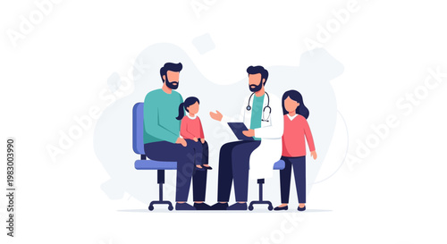 Doctor consulting father and children, healthcare, medical checkup, family doctor visit