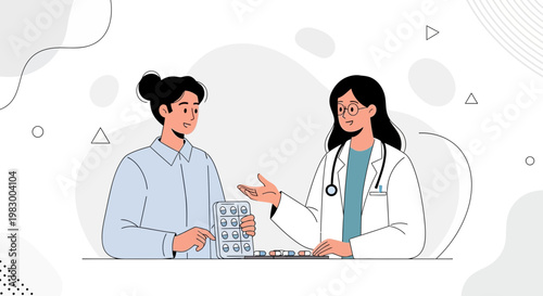 Doctor consulting patient about medication, showing pills and prescription
