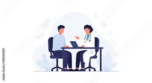 Doctor consulting patient at desk with laptop, medical consultation, healthcare concept