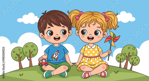 Two happy cartoon children, a boy and a girl, sitting on a grassy hill with trees and a blue sky in the background, holding toys.