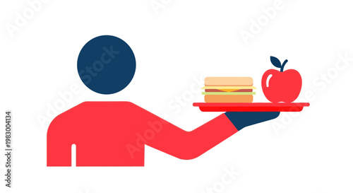 Person holding a tray with a sandwich and apple, healthy lunch concept