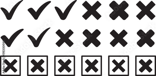Black checkmark, cross, and question mark symbols arranged in three rows on white background, black white background