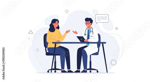 Doctor consulting patient at desk, medical discussion, healthcare concept