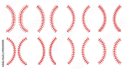 Baseball Stitching Patterns - Red Thread Seams Isolated on White Background