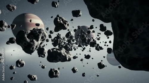 Asteroid field and planets in outer space, universe exploration, science.