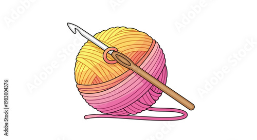 Colorful yarn ball with crochet hook on white background