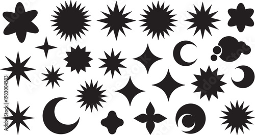 Black star and sunburst pattern with decorative on transparent background, black star pattern, sunburst decorative monochrome png